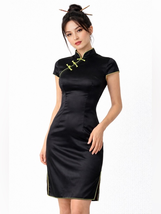 Dresses & Skirts - Vintage Style Black Satin Cheongsam Mini Dress Lime Green Trim y2k / 90s